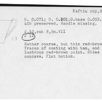 Index card with typed and handwritten information, sometimes including a sketch, of pottery from an excavation.
