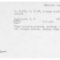 Index card with typed and handwritten information, sometimes including a sketch, of pottery from an excavation.