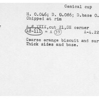 Index card with typed and handwritten information, sometimes including a sketch, of pottery from an excavation.