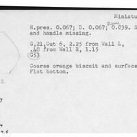 Index card with typed and handwritten information, sometimes including a sketch, of pottery from an excavation.