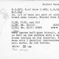 Index card with typed and handwritten information, sometimes including a sketch, of pottery from an excavation.
