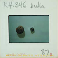 Two small round objects on a white surface, possibly beads or seeds.