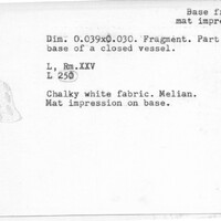 Index card with typed and handwritten information, sometimes including a sketch, of pottery from an excavation.