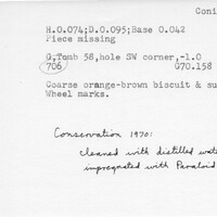 Index card with typed and handwritten information, sometimes including a sketch, of pottery from an excavation.