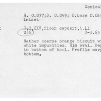 Index card with typed and handwritten information, sometimes including a sketch, of pottery from an excavation.