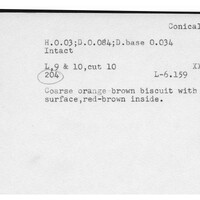 Index card with typed and handwritten information, sometimes including a sketch, of pottery from an excavation.