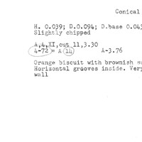 Index card with typed and handwritten information, sometimes including a sketch, of pottery from an excavation.