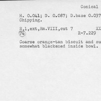 Index card with typed and handwritten information, sometimes including a sketch, of pottery from an excavation.