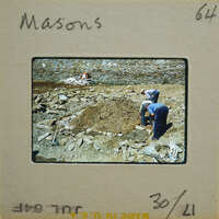 Two people working on a construction site with dirt and rocks.