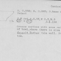 Index card with typed and handwritten information, sometimes including a sketch, of pottery from an excavation.