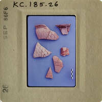 The image shows fragments of ancient pottery on a blue background.