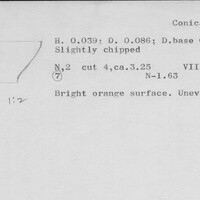 Index card with typed and handwritten information, sometimes including a sketch, of pottery from an excavation.