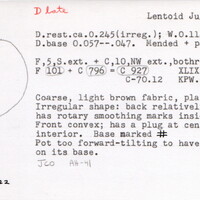 Index card with typed and handwritten information, sometimes including a sketch, of pottery from an excavation.