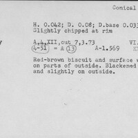 Index card with typed and handwritten information, sometimes including a sketch, of pottery from an excavation.