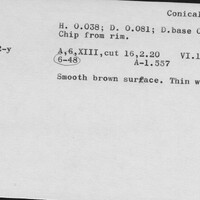 Index card with typed and handwritten information, sometimes including a sketch, of pottery from an excavation.