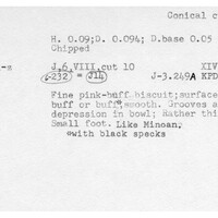 Index card with typed and handwritten information, sometimes including a sketch, of pottery from an excavation.