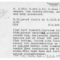 Index card with typed and handwritten information, sometimes including a sketch, of pottery from an excavation.