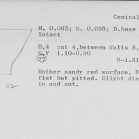 Index card with typed and handwritten information, sometimes including a sketch, of pottery from an excavation.