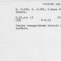 Index card with typed and handwritten information, sometimes including a sketch, of pottery from an excavation.