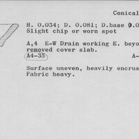 Index card with typed and handwritten information, sometimes including a sketch, of pottery from an excavation.