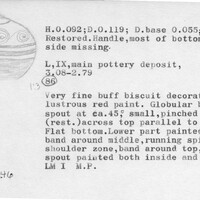 Index card with typed and handwritten information, sometimes including a sketch, of pottery from an excavation.