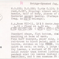 Index card with typed and handwritten information, sometimes including a sketch, of pottery from an excavation.