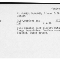 Index card with typed and handwritten information, sometimes including a sketch, of pottery from an excavation.