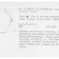 Index card with typed and handwritten information, sometimes including a sketch, of pottery from an excavation.