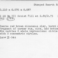 Index card with typed and handwritten information, sometimes including a sketch, of pottery from an excavation.