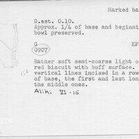 Index card with typed and handwritten information, sometimes including a sketch, of pottery from an excavation.