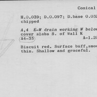 Index card with typed and handwritten information, sometimes including a sketch, of pottery from an excavation.
