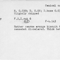 Index card with typed and handwritten information, sometimes including a sketch, of pottery from an excavation.