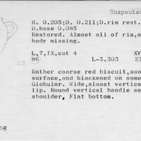 Index card with typed and handwritten information, sometimes including a sketch, of pottery from an excavation.