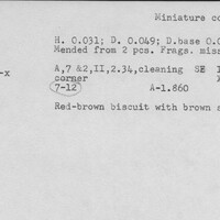 Index card with typed and handwritten information, sometimes including a sketch, of pottery from an excavation.