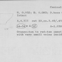 Index card with typed and handwritten information, sometimes including a sketch, of pottery from an excavation.