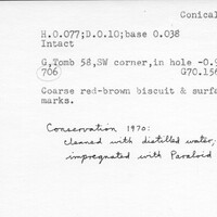 Index card with typed and handwritten information, sometimes including a sketch, of pottery from an excavation.