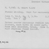 Index card with typed and handwritten information, sometimes including a sketch, of pottery from an excavation.