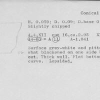 Index card with typed and handwritten information, sometimes including a sketch, of pottery from an excavation.