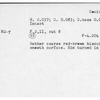Index card with typed and handwritten information, sometimes including a sketch, of pottery from an excavation.