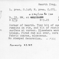Index card with typed and handwritten information, sometimes including a sketch, of pottery from an excavation.