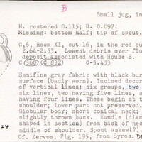 Index card with typed and handwritten information, sometimes including a sketch, of pottery from an excavation.
