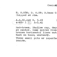 Index card with typed and handwritten information, sometimes including a sketch, of pottery from an excavation.