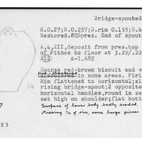 Index card with typed and handwritten information, sometimes including a sketch, of pottery from an excavation.