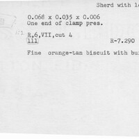 Index card with typed and handwritten information, sometimes including a sketch, of pottery from an excavation.