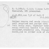 Index card with typed and handwritten information, sometimes including a sketch, of pottery from an excavation.