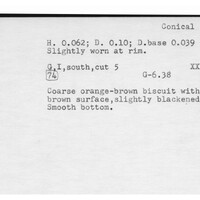 Index card with typed and handwritten information, sometimes including a sketch, of pottery from an excavation.