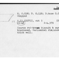 Index card with typed and handwritten information, sometimes including a sketch, of pottery from an excavation.
