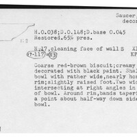 Index card with typed and handwritten information, sometimes including a sketch, of pottery from an excavation.