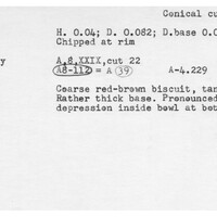 Index card with typed and handwritten information, sometimes including a sketch, of pottery from an excavation.