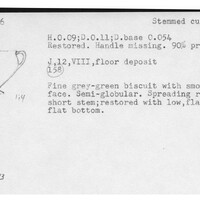 Index card with typed and handwritten information, sometimes including a sketch, of pottery from an excavation.